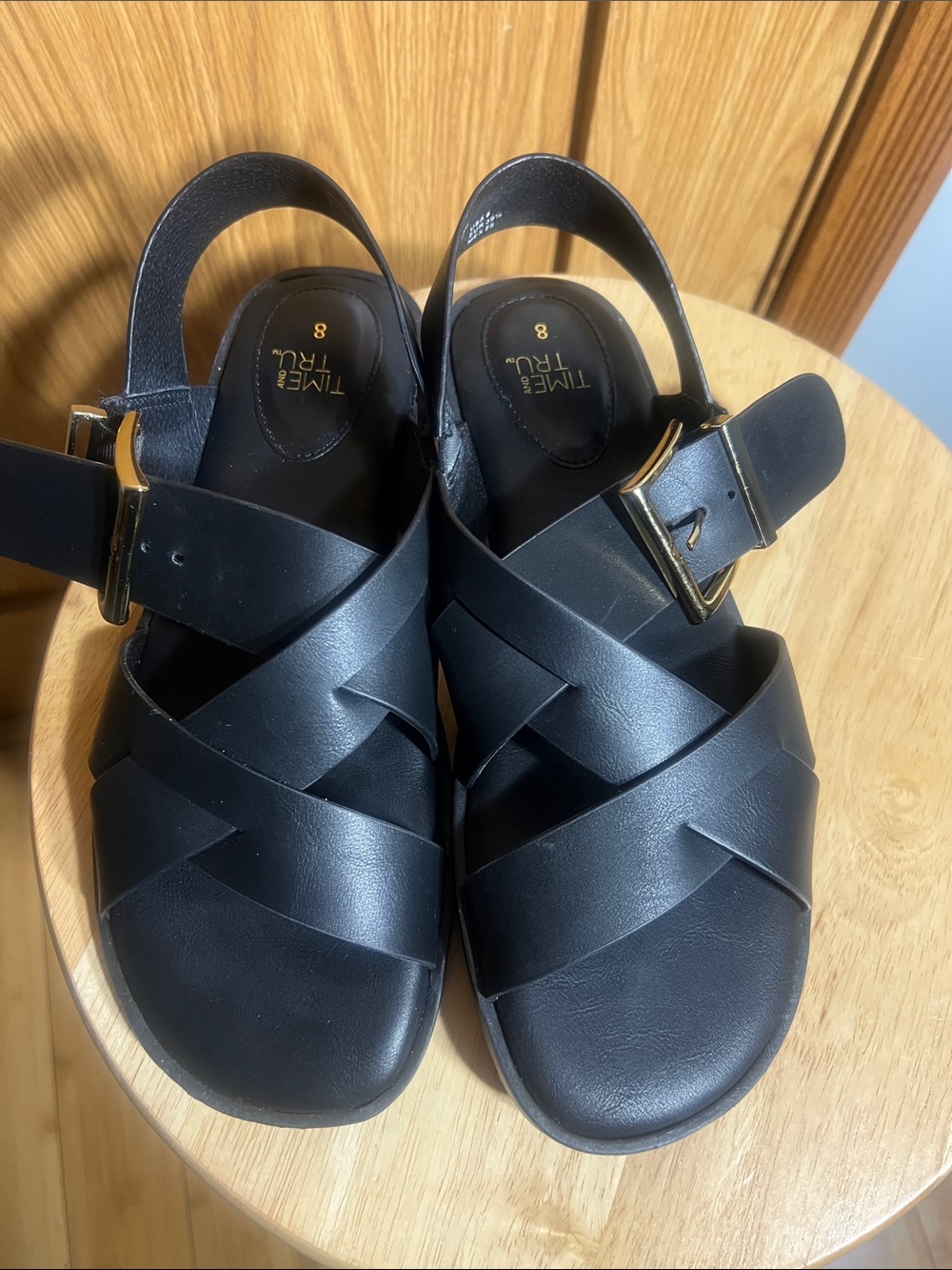 Time and Tru Black Crisscross Strap Sandals with Gold Buckle